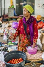 Traditional authentic food market, vendor, woman, fruit, vegetable, fresh, food, nutrition, sale,