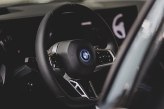 Steering wheel of a BMW, taken in Berlin, 13/03/2024