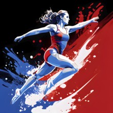 Abstract digital render of a female olympic athlete morphing into fluid shapes in french tricolor