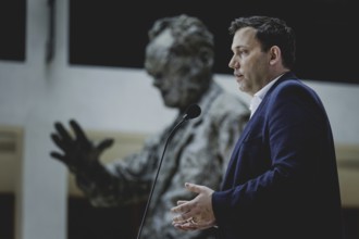 Lars Klingbeil, SPD party chairman, speaks to the press at the kick-off meeting of the SPD party