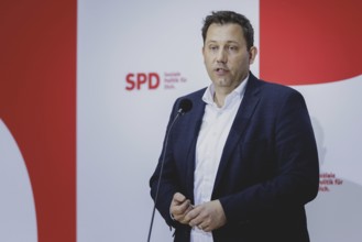 Lars Klingbeil, SPD party chairman, speaks to the press at the kick-off meeting of the SPD party