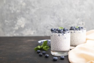 Yogurt with blueberry and chia in glass on black concrete background and orange linen textile. Side