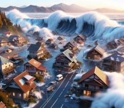 A monster wave, a tsunami, floods and destroys the houses of a village, climate change, climate