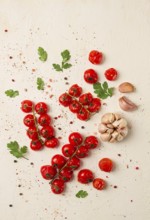 Baked branch, mini, cherry tomatoes, with spices and herbs, garlic, food background, top view, on a