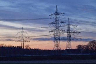 Electricity pylons and power lines in the sunset in Bohmte, Osnabrück district, Lower Saxony,