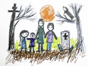 A family mourning in a cemetery, drawing, coloured pencil drawing of a preschool child, primary