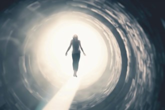 A woman floats through a tunnel into the light, symbolic image for near-death experience, death,