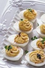 Boiled eggs stuffed with yolk with mayonnaise, on a white plate, selective focus, blurry, close-up,