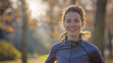 A woman runner running and jogging in a park. Active lifestyle, training for endurance, AI