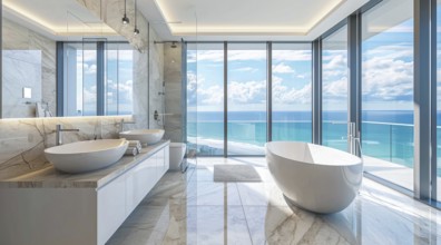 Luxury modern bathroom interior in ocean condo with expensive design and scenic view, AI generated