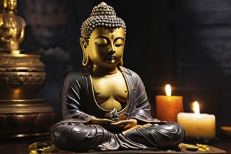 A gold statue of a Buddha is sitting on a table with candles and a bowl. Scene is peaceful and