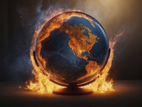 A globe is on fire and surrounded by flames. Climate change and global warming, AI generated