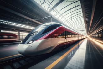 Modern high speed train in a futuristic train station. Modern transportation technology, speed,