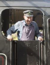 BR Standard Class 4 80104 steam locomotive train engine at railway station, Swanage, Dorset,