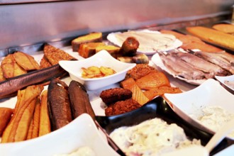 Close-up of a fish counter with fish and seafood