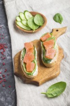 Smoked salmon sandwiches with cucumber and spinach on wooden board on a linen background. side view