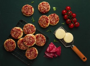 Mini pizzas, salami with mozzarella cheese, on the table, top view, no people