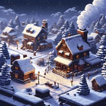 Pixel art village in the throes of snowy winter in warm golden light, AI generated