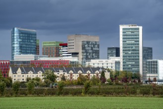 Düsseldorf city centre skyline, Media Harbour, residential buildings in the Hamm district