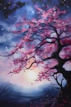 Sakura tree blossoming with pink petals and branches reaching towards a star studded night sky, AI