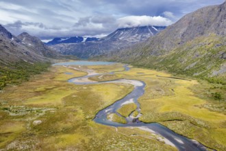 Aerial view of meandering river Leirungsae, Jotunheimen National Park, Lake Ovre Leirungen, Mt.