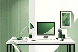 Minimalist illustration of an abstract symbolic wallpaper composition representing home office, AI