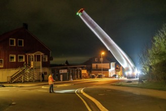 Transport of a 68 metre long, 22 tonne blade of a wind turbine, here in Schwelm, with a