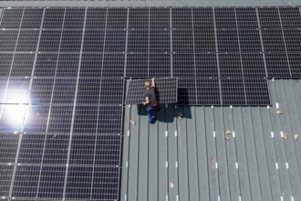 Installation of solar modules on the roof of a barn on a farm, over 210 photovoltaic modules are