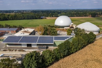 Biogas plant, gas storage, with dome, fermenter tanks for the fermentation process, use of solid