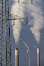 High-voltage power line, high-voltage pylon, chimney of the RZR Herten waste-to-energy plant, waste