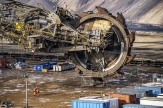 Garzweiler opencast lignite mine, bucket wheel excavator undergoing maintenance and repair, near