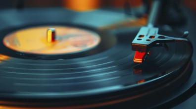 Old vinyl record playing. Concept of old nostalgic music or a broken record, AI generated