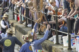 Fishing out the town stream, fishing day in Memmingen, Unterallgäu, Allgäu, Bavaria, Germany,