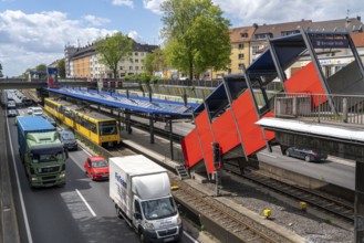 Motorway A40, Ruhrschnellweg, in the through road in Essen, noise barrier, tram, underground of the