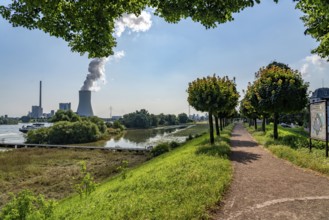 Embankment, promenade, part of the flood protection dyke on the Rhine, Walsum power station,