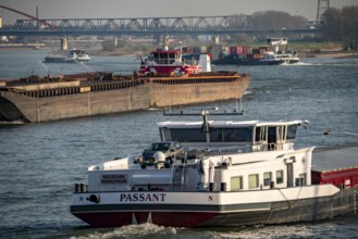 Cargo ships on the Rhine near Duisburg, pushed convoys, HGK, behind the bridge of solidarity,