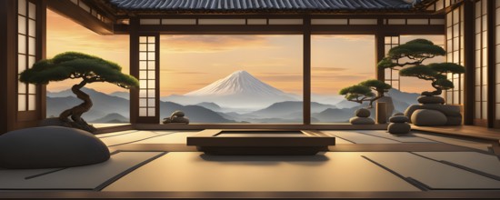 Zen garden bathed in the soft glow of dawn as a serene symbol for relaxation, AI generated