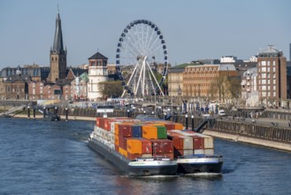 Container freighter, Milliennium II, as a coupling unit, on the Rhine, on the banks of the old