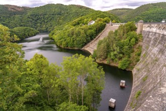 Dam wall of the Urft dam, merges into the Rursee, Eifel National Park, North Rhine-Westphalia,