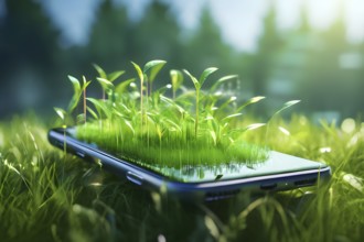 Smartphone screen displaying green grass arrows sprouting upwards symbolizing growth ans