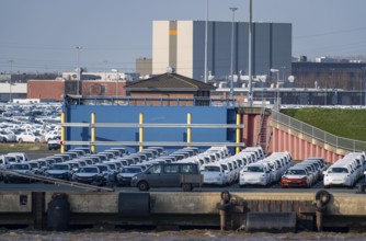 VW plant, Emden, new cars, waiting to be shipped, Lower Saxony, Germany, Europe