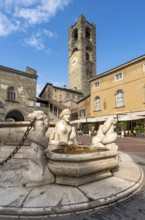 Fontana Contarini and Campanone tower, Piazza Vecchia, Citta alta, Bergamo, Italy, Europe