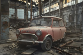 An old, weathered and dusty British vintage car, wreck, of the Mini Cooper type from the 1960s