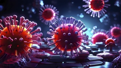 3d illustration showcasing a cluster of intertwining viruses detailed to expose spikes and