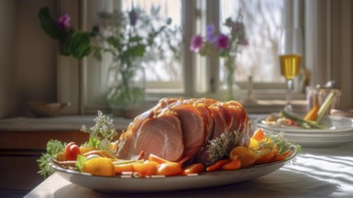 Succulent honey ham with vegetables meal, generative AI, AI generated