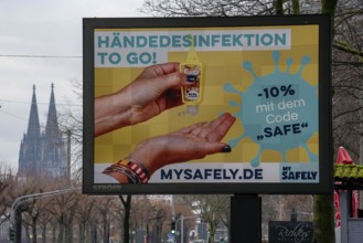 LED billboard, with digital advertising for hand sanitiser, on Konrad-Adenauer-Ufer in Cologne,