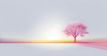 Abstract minimalist spring scene with a single, sharp silhouette of a blooming tree on a vast light