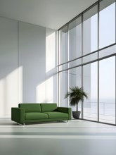 Minimalist living room with clean lines and neutral tones, featuring a modern green sofa, AI