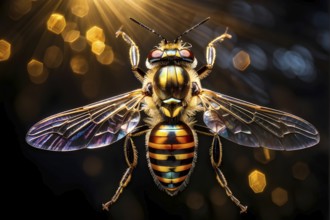 Macro of a hoverfly (Syrphidae), with its striped abdomen and metallic-like wings shimmering in the