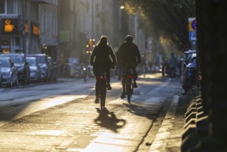 Cyclists in oblique sunlight in November, poor visibility, danger of glare, cycle lane, cyclists